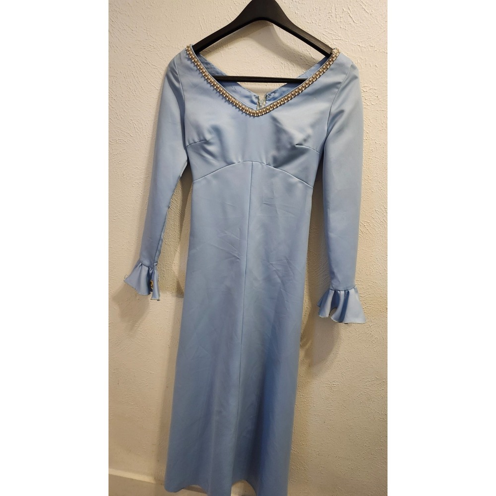 Vintage Evening Custom Dress Size‎ Medium Light Blue Bell Sleeves Pearl Accent